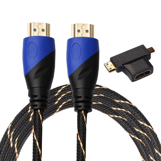 1.8m HDMI 1.4 Version 1080P Woven Net Line Blue Black Head HDMI Male to HDMI Male Audio Video Connector Cable with Mini HDMI & Micro HDMI & HDMI 3 in 1 Adapter Set, 1.8m with Mini & Micro & HDMI