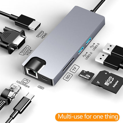 HW-TC12 8 In 1 Type-C / USB-C Multifunctional Extension HUB Adapter Hdmi / Vga Hub Card Reader + Network Card