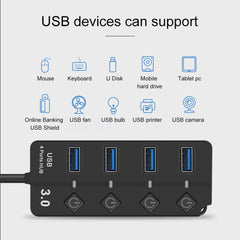 Onten 5301 USB 3.0 Male to 4 USB 2.0 Female Splitter Extender with Independent Switch, 5301