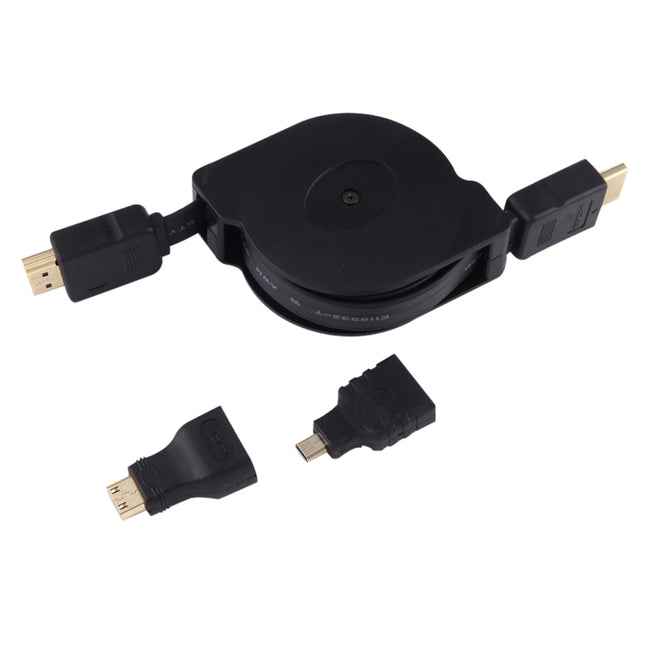 Cable adaptador de conector de audio y video retráctil HDMI macho a HDMI macho de 1 m con adaptadores mini HDMI y micro HDMI para monitores HDTV, proyectores, PC, cámaras, tabletas y teléfonos inteligentes