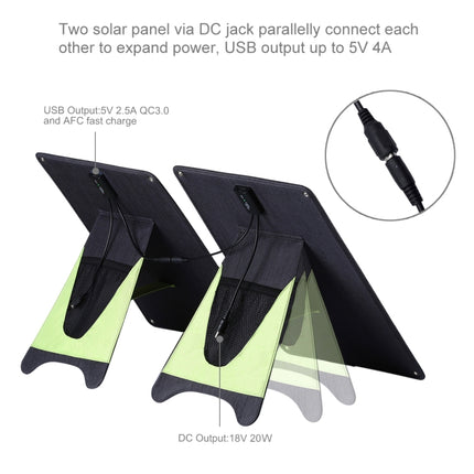 Tragbares 20-W-Solarpanel-Ladegerät aus monokristallinem Silizium von HAWEEL, mit USB-Anschluss und Halterung sowie Tiger-Clip, unterstützt QC3.0 und AFC