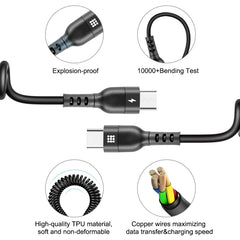 HAWEEL 1.5m 5A USB-C / Type-C to USB-C / Type-C Retractable Coiled PD Fast Charging Cable, 1.5m 5A Type-C
