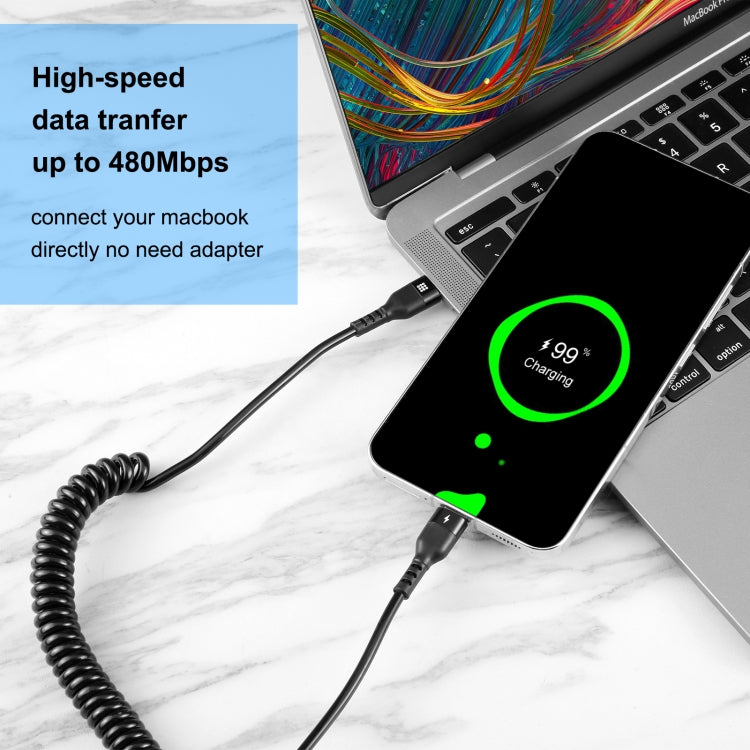 HAWEEL 2m 5A USB-C / Type-C to USB-C / Type-C Retractable Coiled PD Fast Charging Cable, 2m 5A Type-C