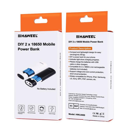 HAWEEL DIY 2x 18650 Batería (No Incluida) 5600mAh Power Bank Shell Box con Salida USB e Indicador, DIY 2 Baterías (Negro), DIY 2 Baterías (Blanco)