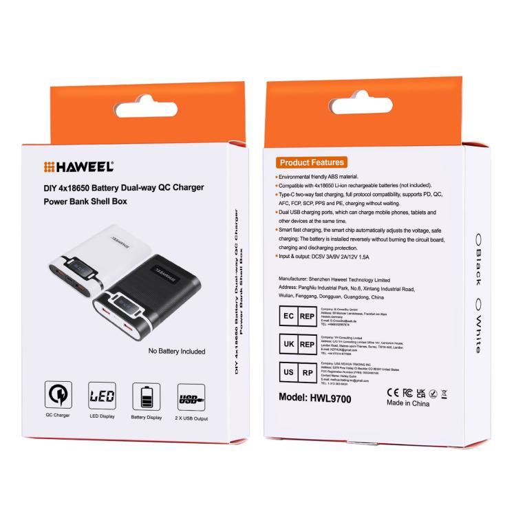 HAWEEL DIY 4x 18650 Battery (Not Included) 10000mAh Dual-way QC Charger Power Bank Shell Box with 2x USB Output & Display,  Support PD / QC / SCP / FCP / AFC / PPS / PE, DIY 4x 18650 Batteries 10000mAh QC