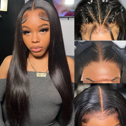 Long Silk Straight Style 4X4 Closure Wigs Natural Black Color 180% High Density Brazilian Human Hair Transparent Lace Wigs