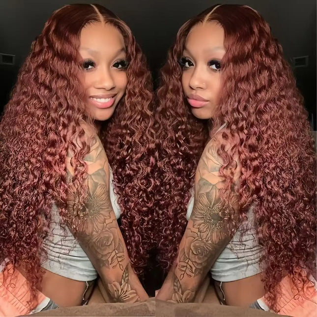 Reddish Brown Curly Lace Front Wig Human Hair Wig Deep Wave 13x4 HD Lace Frontal Wigs With Baby Hair for Women 180% Density