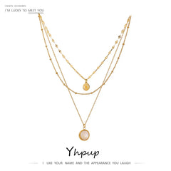 Yhpup Bohemian Round Pendant Stainless Steel Necklace Chain Exquisite Metal Texture Collar Women Necklace бижутерия Office Gift