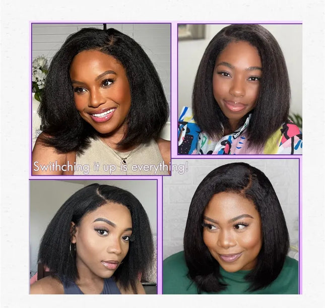 14-Inch Women's Hand Tied Synthetic Hair Wig Transparent 13*4 Frontal Bob Yaki Kinky Straight Afro Puff Side Part Side Part Yaki