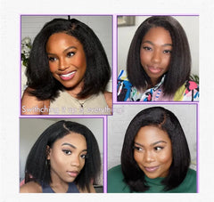 14-Inch Women's Hand Tied Synthetic Hair Wig Transparent 13*4 Frontal Bob Yaki Kinky Straight Afro Puff Side Part Side Part Yaki