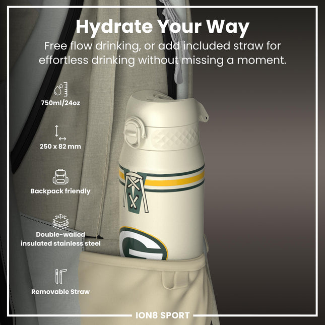 NFL x ION8 Insulated Steel Water Bottle, NFL Packers, 750ml (24oz)