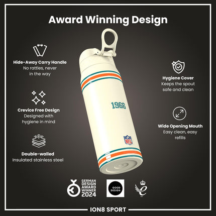 NFL x ION8 Insulated Steel Water Bottle, NFL Dolphins, 750ml (24oz)