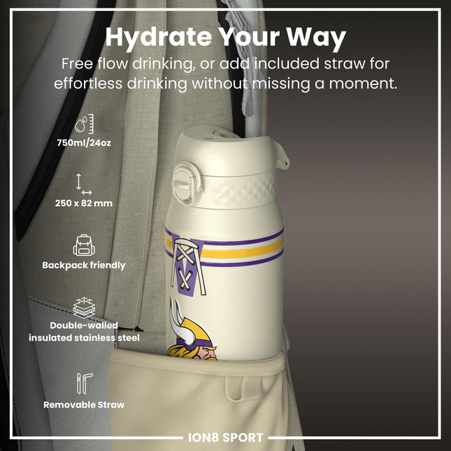 NFL x ION8 Insulated Steel Water Bottle, NFL Vikings, 750ml (24oz)