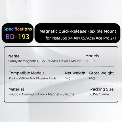 Sunnylife Magnetic Quick-Release Flexible Mount Series 360 Strap Wrap Band Mount Bike Tube Clip Holder For Insta360 X4 Air / X5 / Ace / Ace Pro 2 / 1, For Insta360 X4 Air / X5 / Ace / Ace Pro 2 / 1