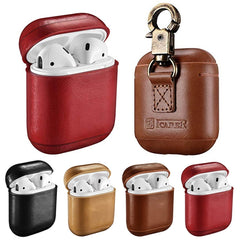 ICARER Cowhide Leather Anti-lost Dropproof Wireless Earphones Charging Box Protective Case for Apple AirPods 1/2, with Clasp, with Clasp Red, with Clasp Brown, with Clasp Black), with Clasp Khaki