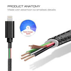 3m 3A Woven Style Metal Head 8 Pin to USB Data / Charger Cable, 3m 8 Pin