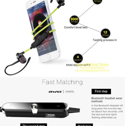 AWEI A990BL Wireless Sport Bluetooth Stereo Earphone with Wire Control + Mic, Support Handfree Call