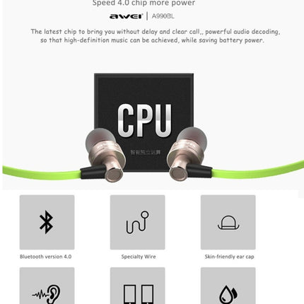 AWEI A990BL Wireless Sport Bluetooth Stereo Earphone with Wire Control + Mic, Support Handfree Call