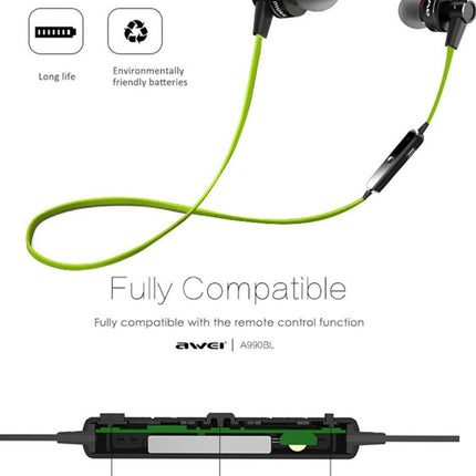 AWEI A990BL Wireless Sport Bluetooth Stereo Earphone with Wire Control + Mic, Support Handfree Call