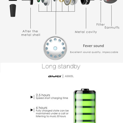 AWEI A990BL Wireless Sport Bluetooth Stereo Earphone with Wire Control + Mic, Support Handfree Call