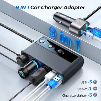 Cargador de coche con pantalla digital JOYROOM JR-CL06 9 en 1, 154 W, PD, USB-C/Tipo-C + USB QC3.0 dual + 3 USB + 3 orificios para encendedor de cigarrillos, JR-CL06