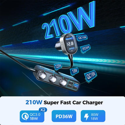 JOYROOM JR-CL06 9 in 1 210W PD USB-C / Type-C + Dual QC3.0 USB + 3 USB + 3 Cigarette Lighter Holes Digital Display Car Charger, JR-CL06