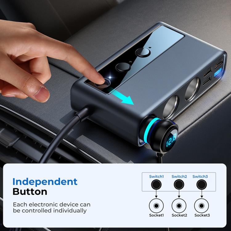 JOYROOM JR-CL06 9 in 1 154W PD USB-C / Typ-C + Dual QC3.0 USB + 3 USB + 3 Zigarettenanzünder-Löcher Digitalanzeige Autoladegerät, JR-CL06