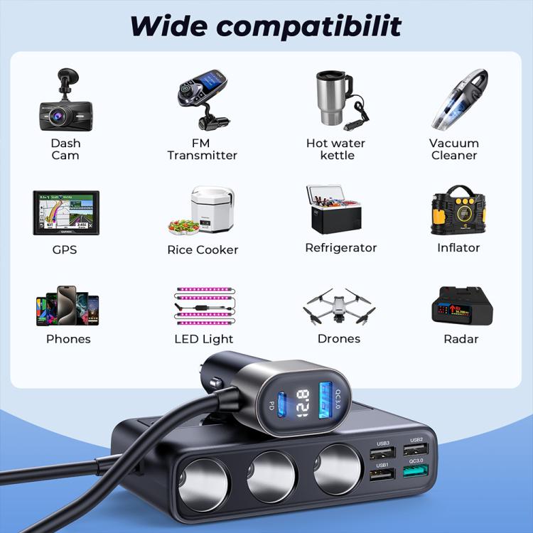 JOYROOM JR-CL06 9 in 1 154W PD USB-C / Typ-C + Dual QC3.0 USB + 3 USB + 3 Zigarettenanzünder-Löcher Digitalanzeige Autoladegerät, JR-CL06