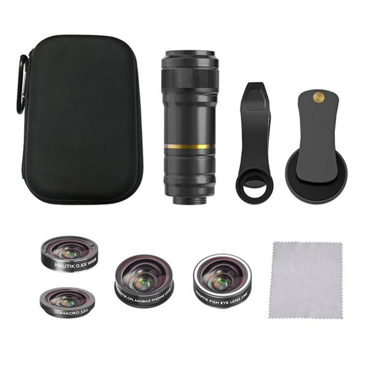 HAUTIK HK-002 5 in 1 180-Grad-Fischaugenobjektiv + 0,65-faches Makro- und Weitwinkelobjektiv + 12-faches Teleobjektiv + Star Line-Objektiv-Kits, HK-002