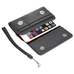 Funda de piel sintética universal con textura de lichi, con tapa vertical, ranuras para tarjetas, férula trasera y cordón de 15 cm para iPhone 8, 7, 6s y 6, Galaxy SIV y SIII, Xiaomi Redmi 3 y 3X, tamaño: 14,3 x 7,5 x 1,5 cm