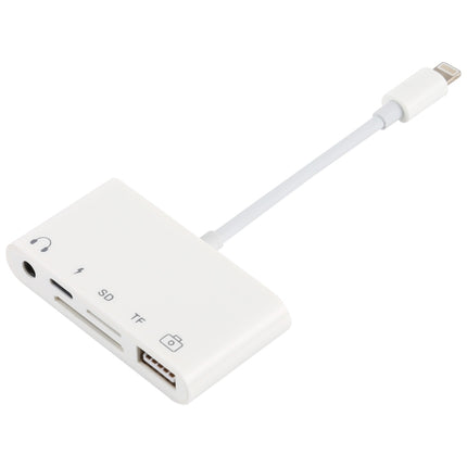 Concentrador USB 5 en 1 de 8 pines y USB-C/Tipo-C y auriculares de 3,5 mm y lector de tarjetas SD y TF