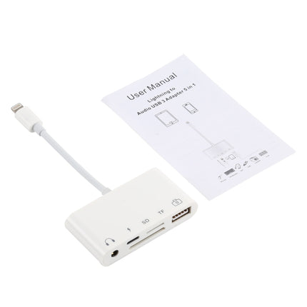 Concentrador USB 5 en 1 de 8 pines y USB-C/Tipo-C y auriculares de 3,5 mm y lector de tarjetas SD y TF