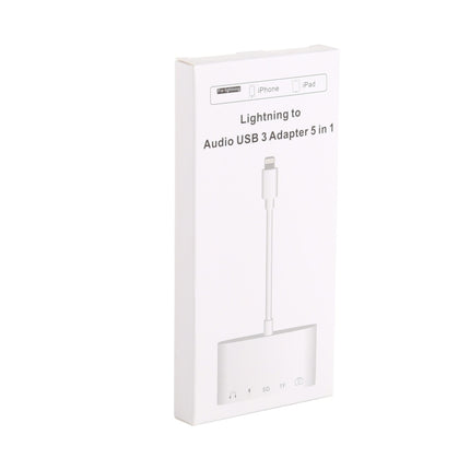 Concentrador USB 5 en 1 de 8 pines y USB-C/Tipo-C y auriculares de 3,5 mm y lector de tarjetas SD y TF