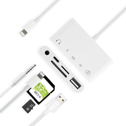 Concentrador USB 5 en 1 de 8 pines y USB-C/Tipo-C y auriculares de 3,5 mm y lector de tarjetas SD y TF