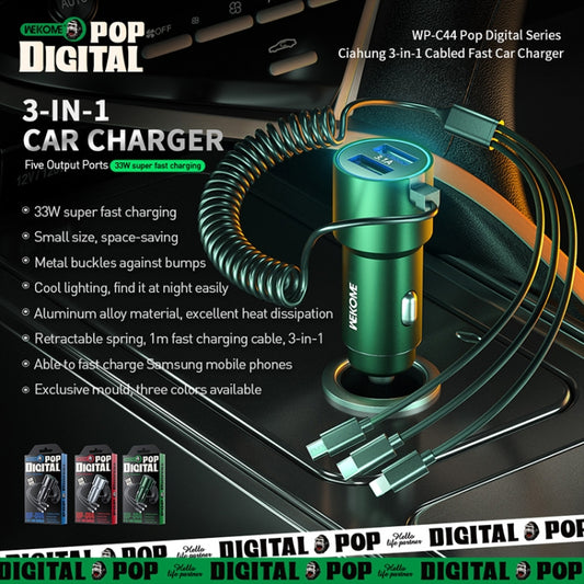 WK WP-C44 Pop Digital Series Ciahung 3-in-1 Cabled 33W Dual-USB Fast Car Charger, WP-C44 (Silver), WP-C44 (Black), WP-C44 (Green)