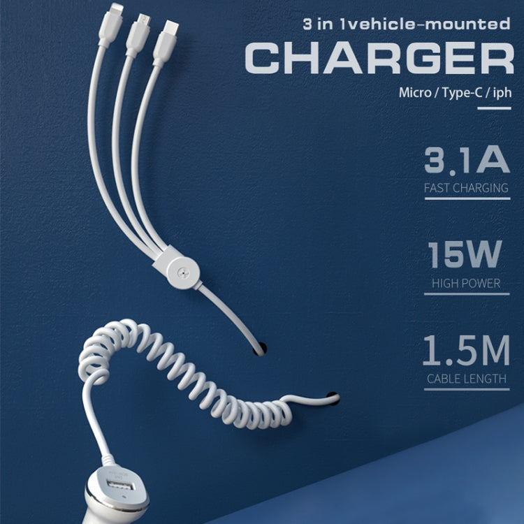 WK WP-C24 3.1A Explore The 3-in-1 Free Edition 8 Pin / Micro USB / USB-C / Type-C Data Cable + USB Car Charger, WP-C24