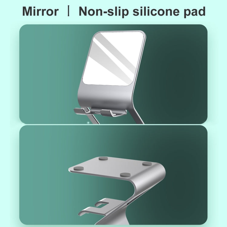 Soporte de escritorio multifuncional de metal universal para teléfono móvil o tableta con espejo de maquillaje