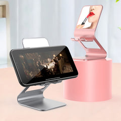 Soporte de escritorio multifuncional de metal universal para teléfono móvil o tableta con espejo de maquillaje
