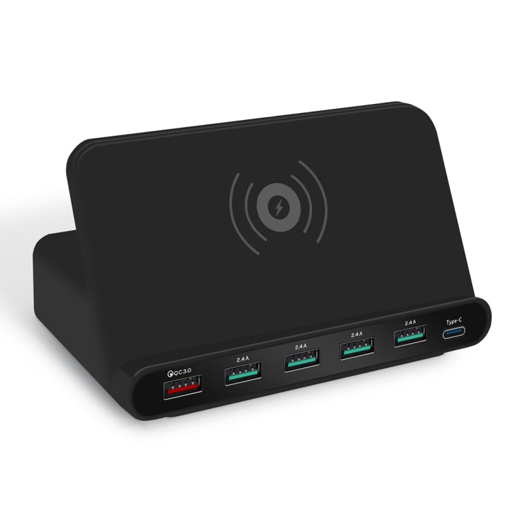 828W 7 in 1 60W QC 3.0 USB Interface + 4 USB Ports + USB-C / Type-C Interface + Wireless Charging Multi-function Charger with Mobile Phone Holder Function, AU Plug