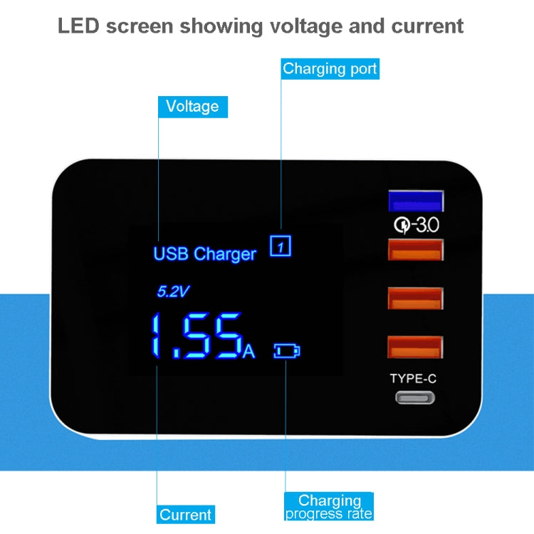 CDA33Q 40W QC 3.0 USB + 3 USB Ports + USB-C / Type-C Ports Multi-function Charger with LED Display, UK Plug