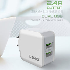 LDNIO A2201 2.4A - Cargador adaptador de teléfono móvil con carga directa para viajes con cabezal de carga USB dual y cable de datos tipo C, tipo C