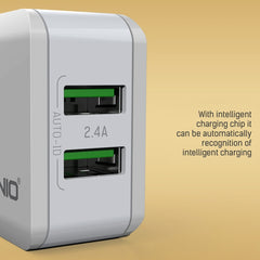 LDNIO A2201 2.4A - Cargador adaptador de teléfono móvil con carga directa para viajes con cabezal de carga USB dual y cable de datos tipo C, tipo C