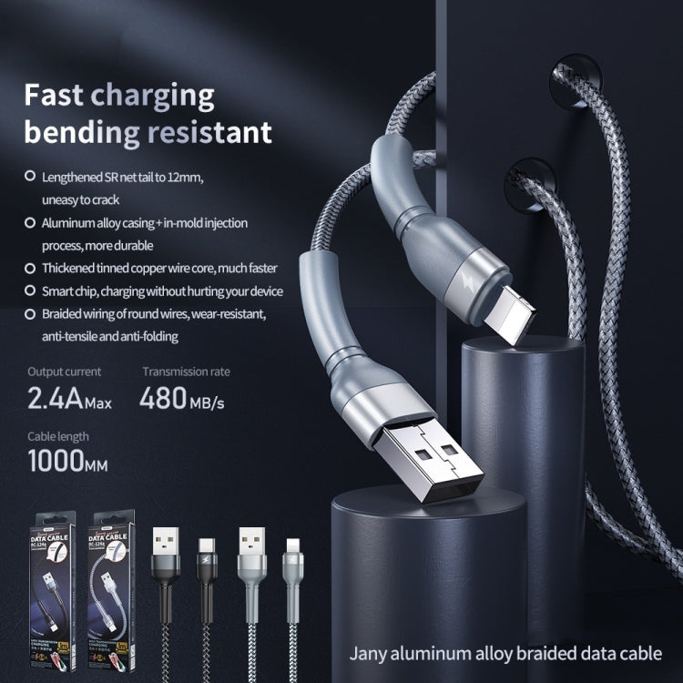 REMAX RC-124i Cable de datos de carga rápida trenzado de aleación de aluminio de 8 pines USB a 2,4 A de 1 m para iPhone, iPad, 8 pines