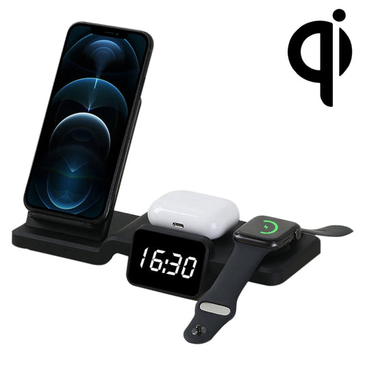 C100 5 In 1 Clock Wireless Charger Charging Holder Stand Station For iPhone / Apple Watch / AirPods