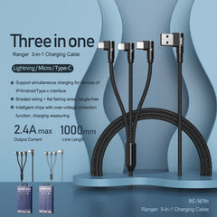 REMAX RC-167th 3 in 1 2.1A USB to 8 Pin + USB-C / Type-C + Micro USB Range Series Elbow Charging Cable, Cable Length: 1m