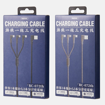 Cable de carga tipo codo REMAX RC-167th 3 en 1 2,1 A USB a 8 pines + USB-C / Tipo-C + Micro USB, longitud del cable: 1 m