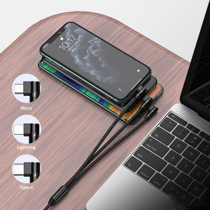 Cable de carga tipo codo REMAX RC-167th 3 en 1 2,1 A USB a 8 pines + USB-C / Tipo-C + Micro USB, longitud del cable: 1 m