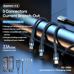 REMAX RC-124th Jany Series 3.1A 3 in 1 USB to Type-C + 8 Pin + Micro USB Charging Cable, Cable Length: 1.2m