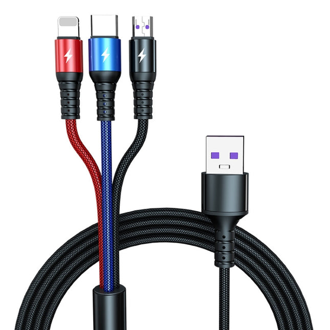 Cable de datos de carga rápida redondo K061 de 1,2 m y 5 A, 3 en 1, USB a 8 pines + USB-C/Tipo-C + Micro USB