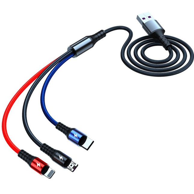 Cable de datos de carga rápida redondo K061 de 1,2 m y 5 A, 3 en 1, USB a 8 pines + USB-C/Tipo-C + Micro USB